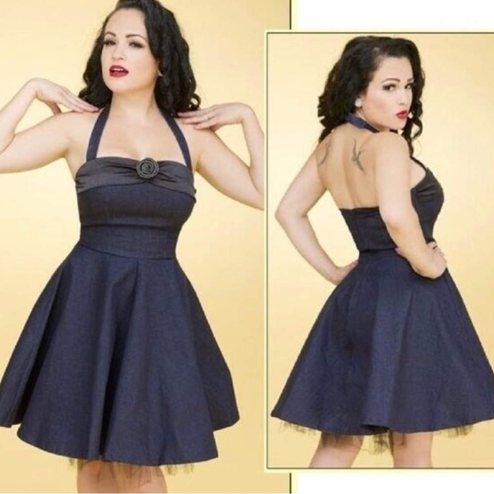Lucky 13 Apparel Dark Wash Denim Dress, Halter‎ Swept Away Dress- Sz Small